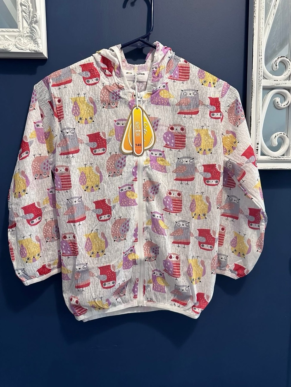 Mud Kingdom bright whimsical owl print hooded jacket ultra-thin outerwear nwt